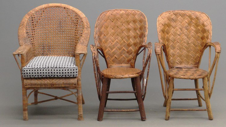 Patio Chairs: Lot of (3) patio chairs including rustic pair (18" seat Ht., 38" overall Ht.), along with rattan with cushion, 18" seat Ht., 40" overall Ht.