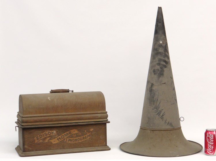Edison Home Phonograph With Horn: Early Edison Home Phonograph with horn (32 1/2" Ht.), phonograph 18" x 9" x 12". Case as found.