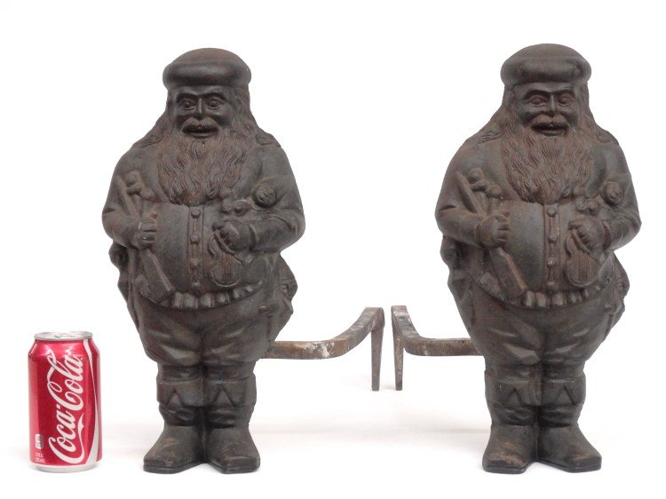 Pair Santa Claus Andirons: Pair cast iron Santa Claus andirons. 14 1/2" Ht.