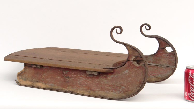 19th c. Child's Sleigh: 19th c. iron and wood child's sleigh with stylized goose necks. 29" L.