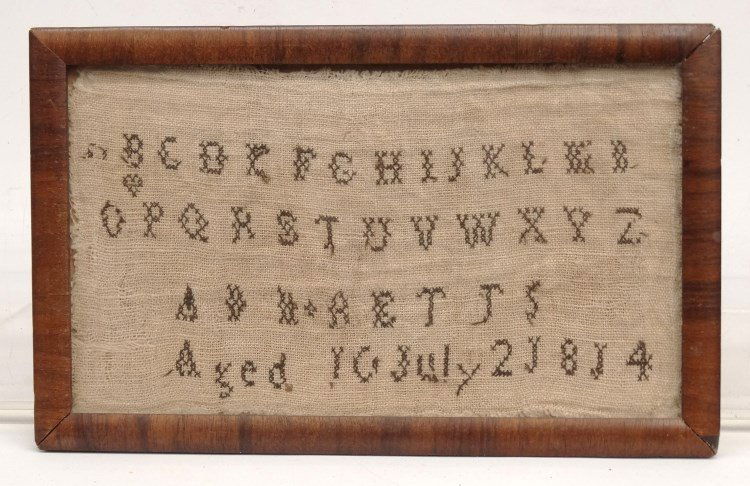 19th c. Sampler: 19th c. Sampler "A...Betts Aged 10 July 2, 1814". Sight 5" x 8 1/2".