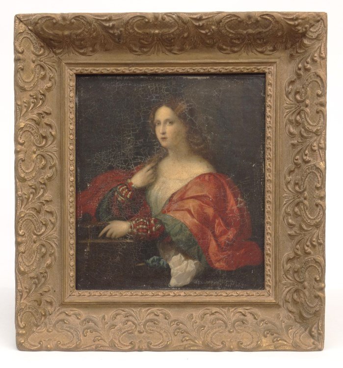 19th c. Continental School Painting: 19th c Continental School oil on canvas, portrait of a woman, label verso "P. Ceppi & Sons...Dublin". Work 12 1/2" x 11".