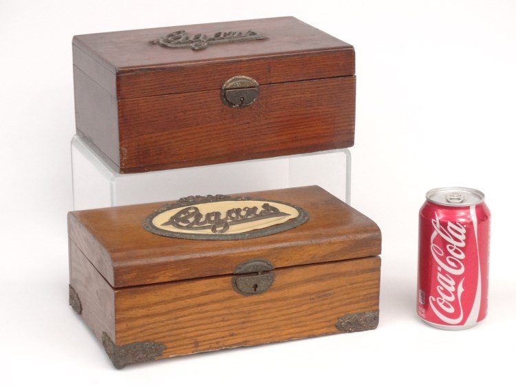 Cigar Humidors: Lot of (2) C. 1900's oak case "Cigars" humidors, both lined. 9 1/2" and 10" L.