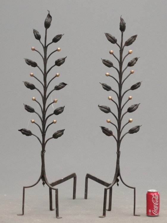 Tree Of Life Andirons: Pair wrought iron tree of life andirons. 39" Ht., 19" D. Property of a Salisbury Connecticut home.