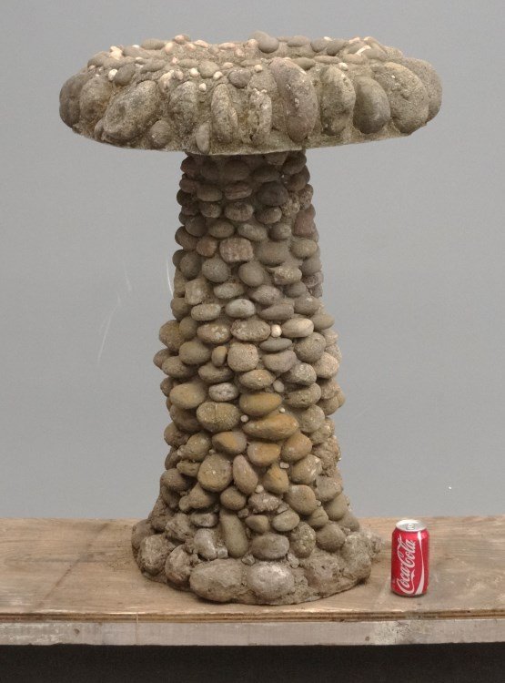 Stone Birdbath: Stone and concrete two part birdbath. 24" D., 35" Ht. Property of a Salisbury Connecticut home.