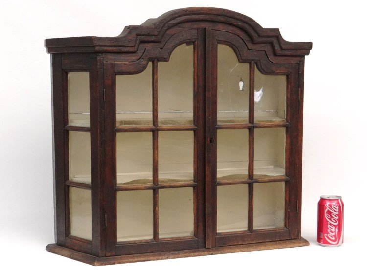 Dutch Hanging Wall Cabinet: Early Dutch hanging wall cabinet. 26" x 8" x 23" Ht. Glass pane cracked.
