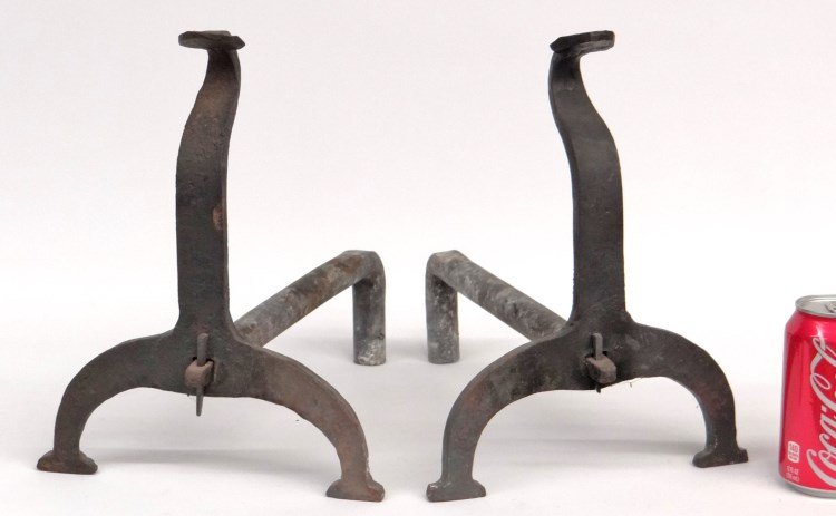 Andirons: Pair blacksmith made stylized snake wrought andirons. 12" Ht., 13" D. Property of a Salisbury Connecticut home.