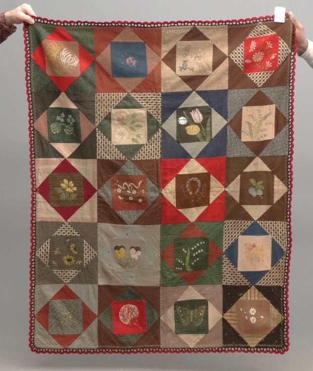 Crib Quilt: C. 1900's Economy Patch crib quilt with hand painting. 40" x 52".