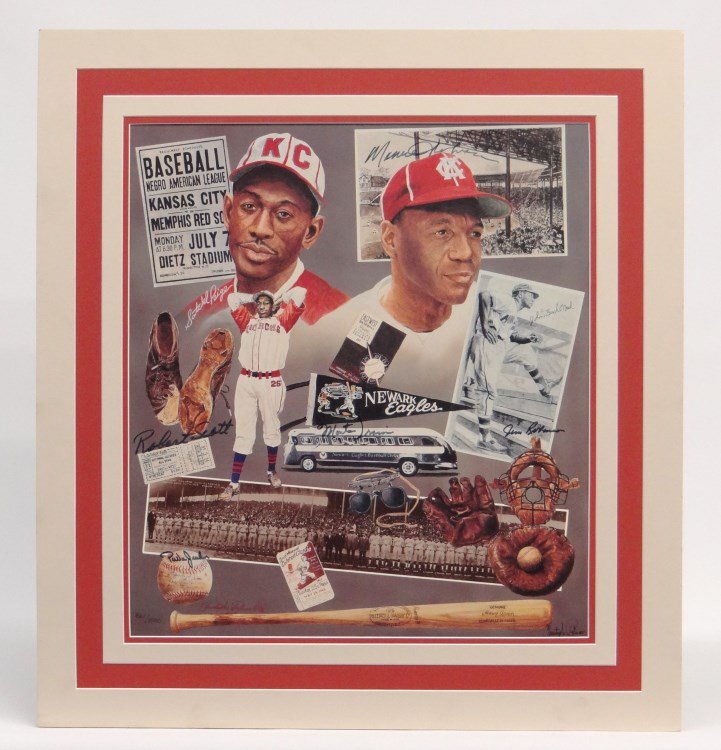 Negro Leagues Signed Baseball Poster: Negro Leagues signed poster, 24" x 26" featuring Monte Irvin, Robert Scott, Jim Robinson, Mamie Johnson, Pee Wee Jenkins, Number 861/1000, also signed by artist Christopher Paluso.