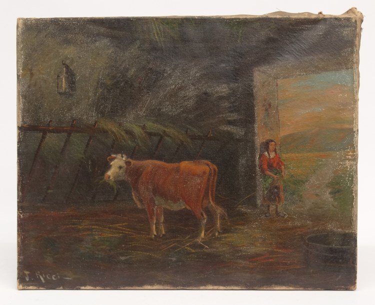 J. Ricci Continental School Painting: 19th c. Continental School, woman in barn with cow, oil on canvas. 16" x 20".