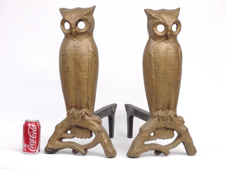 Pair Cast Iron Owl Andirons: Pair early painted cast iron andirons marked "P. S. & W. CO.". 21 3/4" Ht. Property of a Salisbury Connecticut home.