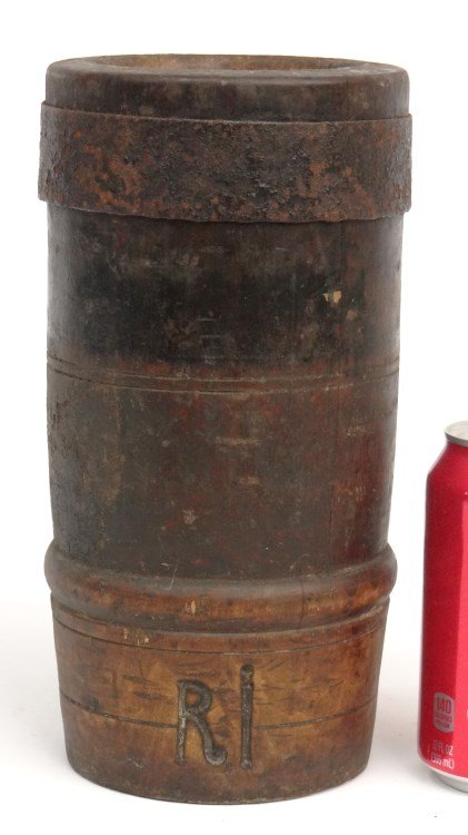 Early Wooden Butter Churn: Early wooden primitive butter churn marked "RL". 4 1/2" D., 9 1/2" Ht., comes with iron mixer.