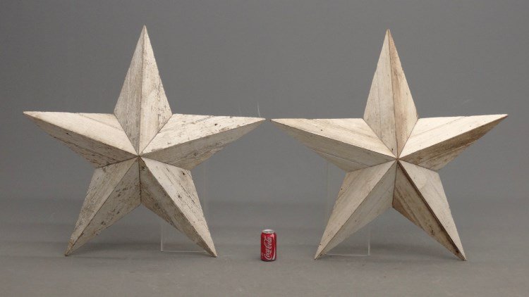 Wooden Architectural Stars: Pair early painted wooden architectural stars. 40" D. Property of a Salisbury Connecticut home.