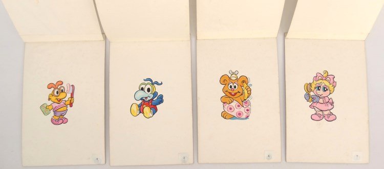 Guy Gilchrist (American 20th/21st C.): Lot of (4) original Guy Gilchrist Muppet Babies art on artist boards, each dated and stamped "Received" April 1, 1986. Each 8" x 5".