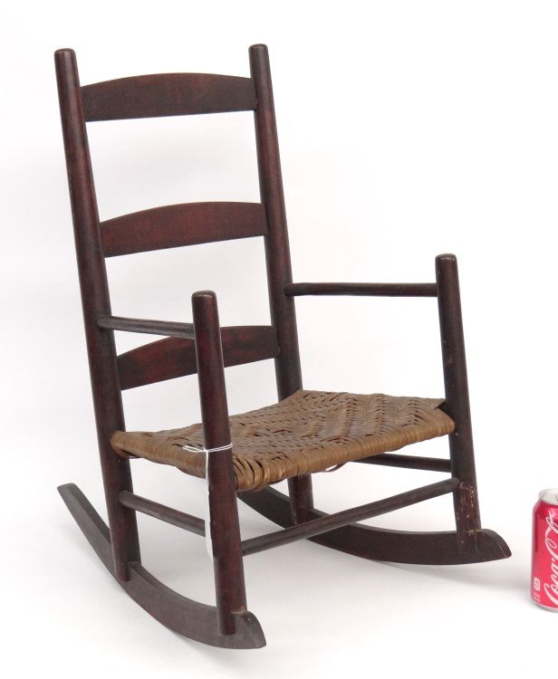 19th c. Shaker Child's Chair: 19th c. Shaker splint seat child's rocking chair. 24" Ht., base re glued.