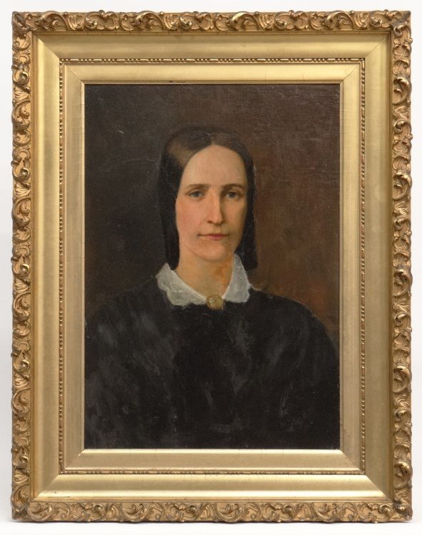 Painting Portrait Of A Woman: Early oil on panel portrait of a woman, info verso "Ellen Steele Knox, Grand Daughter of Ellen Boone and Great Grand Daughter of Daniel Boone". Sight 23 1/2" x 16 1/2".