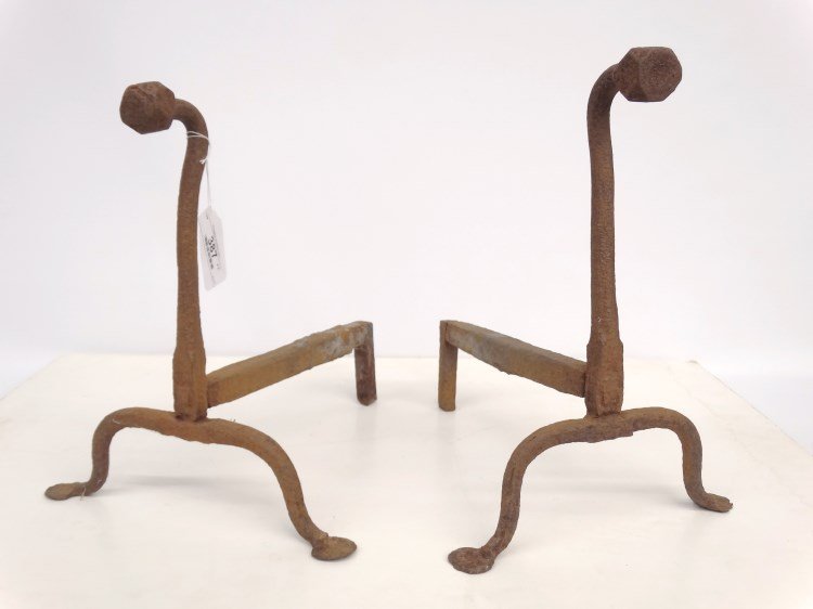 Pair 19th c. Andirons: Pair 19th c. blacksmith made andirons. 15" Ht.
