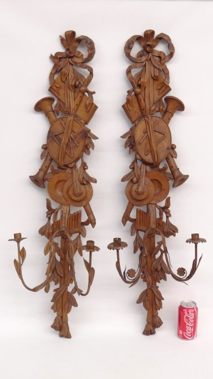 Pair Black Forest Style Carved Sconces: Pair Black Forest style carved wall sconces. 40" Ht.