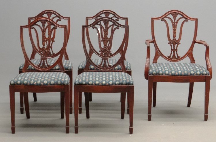 Set Of Chairs: Set of (5) mahogany 1940's Hepplewhite style chairs. 18" seat Ht., 37" overall Ht.