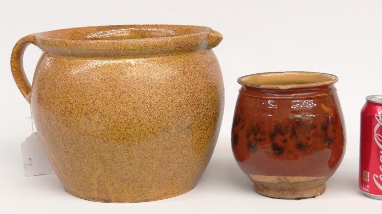 Redware & Misc. Pottery Lot: Lot including redware crock (5" D., 6" Ht.), pottery pitcher. Property of a Salisbury Connecticut home.
