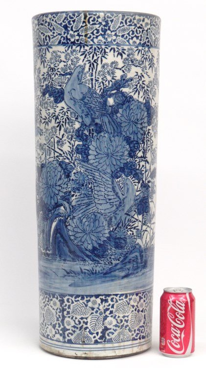 Blue And White Porcelain Umbrella Holder: Blue and white porcelain umbrella holder. 9" D., 25" Ht.