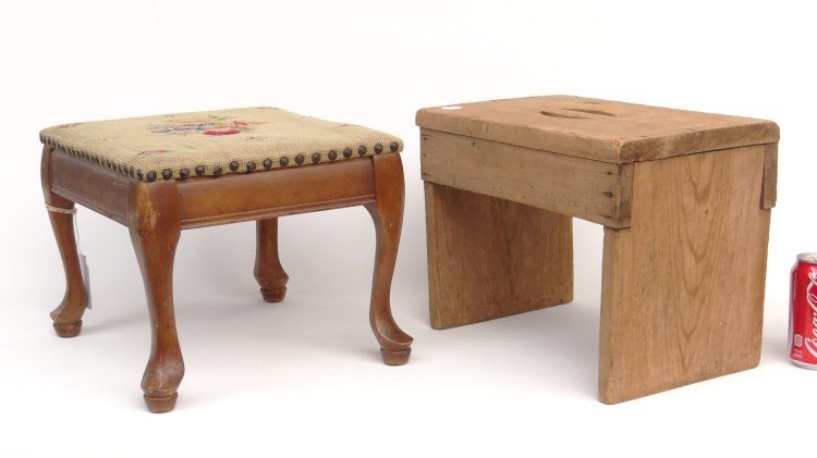 Stool Lot: Lot including C. 1940's needlepoint stool along with wooden milk stool. 25
