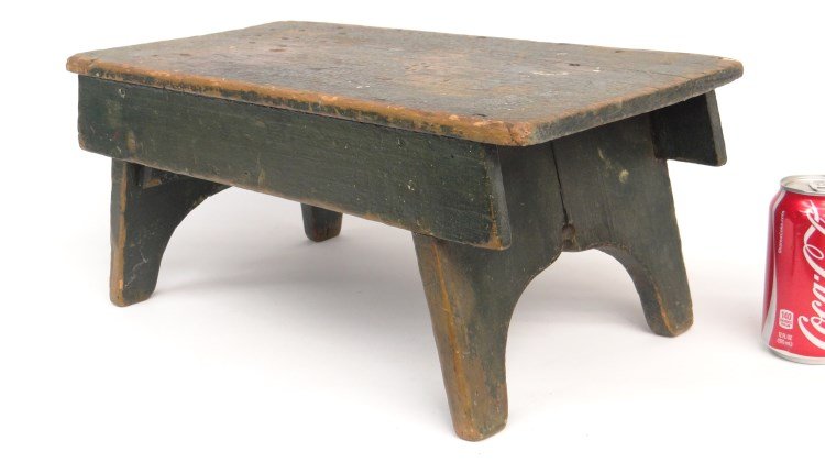 Bootjack Stool: 19th c. bootjack stool in old green paint. 19" L.