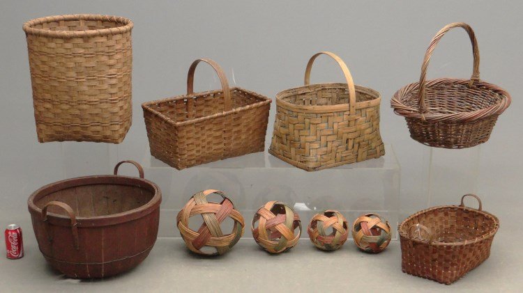 Basket Lot: Lot of (6) various baskets including early examples, also includes (4) wicker balls. Property of a Salisbury Connecticut home.