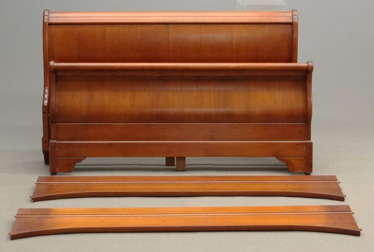 Sleigh Bed: Contemporary sleigh bed with rails. 64" W., 40" Ht.