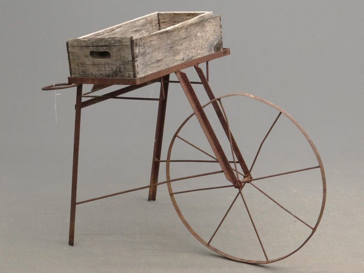 Iron Apple Cart: Iron and wood apple cart. Approx. 42" L., 35" Ht. Property of a Salisbury Connecticut home.