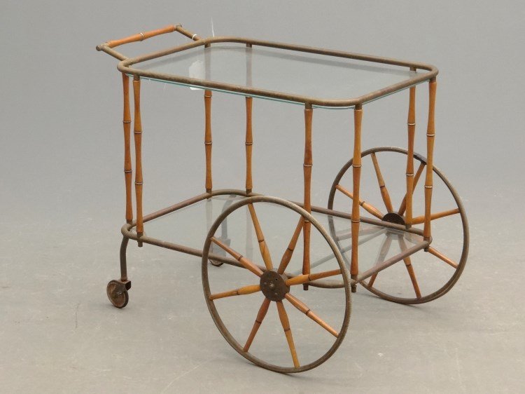 Vintage Tea Cart: Vintage rolling wood, metal and glass tea cart. 29" x 17 1/2" x 24 1/2" Ht.