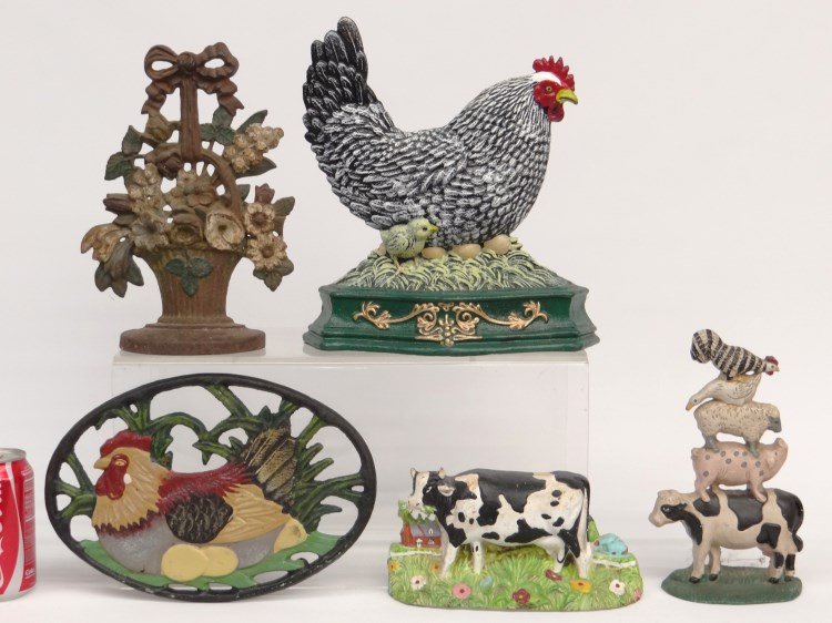 Doorstops: Lot of (3) reproduction doorstops, iron wall hanging and early basket doorstop (11" Ht.).