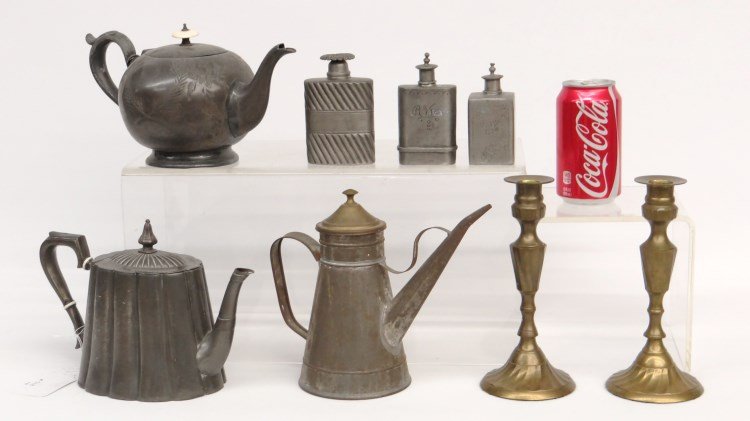 Misc. Lot: Misc. lot including pewter flasks (two hallmarked and dated 1817), pewter teapot marked and dated "Harrison Norfolk Works Sheffield", decorative candlesticks, teapot and tin pitcher.