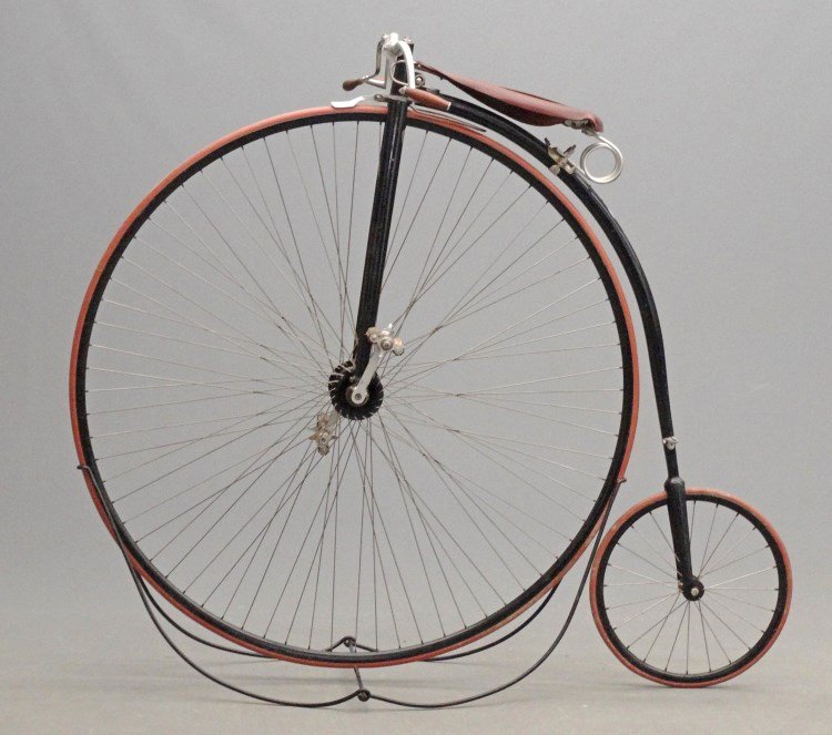 New Mail High Wheel Ordinary Bicycle: C. 1887 New Mail 50" high wheel ordinary bicycle sold by William Read & Sons, Boston Mass. Serial no. 4426-44. Older restoration with spade grips, recovered saddle (4th pattern Kirkpatrick model), ret