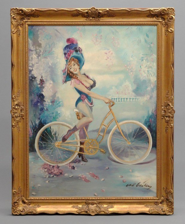 Painting Of Cyclist Signed Cal Bailey: Painting oil on masonite signed LLC "Cal Bailey", (Cal Bailey N.J. b. 1915). Painting is after Richard Avedon's Marilyn Monroe photograph (her as Lillian Russell), Work 48" x 40", frame 56" x 45". Com