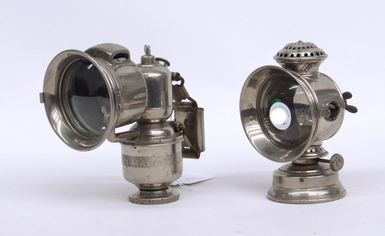 Bicycle Lamp Lot: Lot two bicycle lamps including Miller carbide and Sterling MFG. Co. oil. Fair condition.