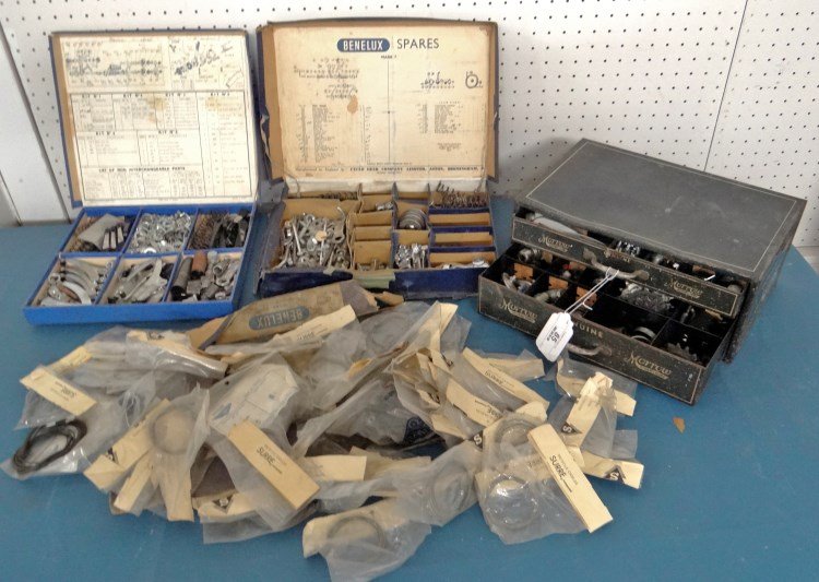 Bicycle Cabinet Parts Lot: Lot including: "Morrow" two drawer cabinet (metal) 13 7/8" x 9 1/4" x 6" Ht., "Simplex" spares kit "Tour de France" (cardboard) 12 1/4" x 11 1/4" x 1 1/2" Ht., "Benelux" Mark 7 spares outfit (cardboar