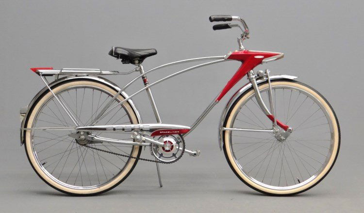 C. 1966 Boys Sears Spaceline Bicycle: C. 1966 Boys Sears Spaceliner middle weight with spring fork, Bendix two speed hub, headlight and horn in red tank, rack with tail light, Allstate white side tires, correct pedals, seat and grips. Exc