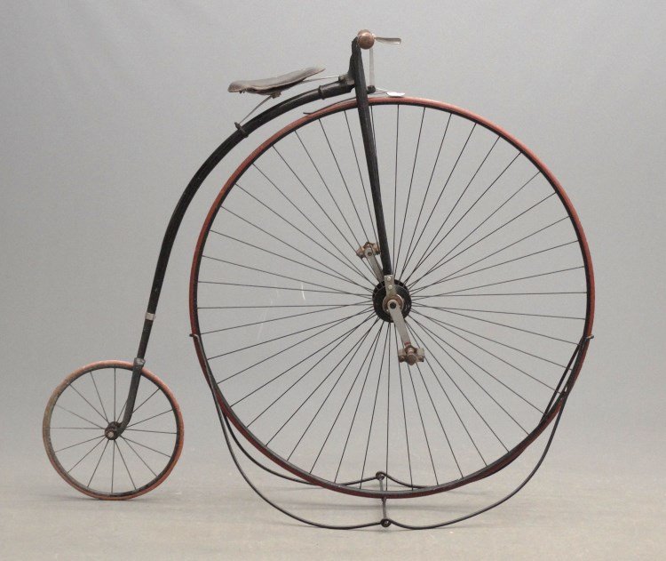 English High Wheel Ordinary Bicycle: C. 1800's Open head English 47" high wheel ordinary having straight bars with wooden pear grips, brakes, good early saddle, replaced tires. Good rider, older restoration. Good condition.