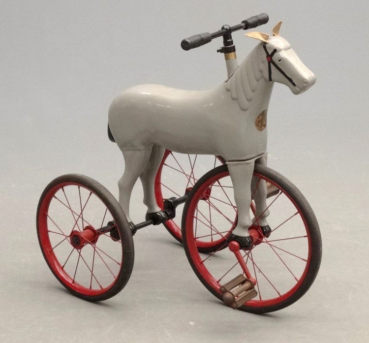 Pony Byke: C. 1920's - 1940's Pony Byke, Pony Byke Corp. Brooklyn NY. 14" front 12" rear wheels, hard rubber tires. Older restoration, original decal saved. Good condition.