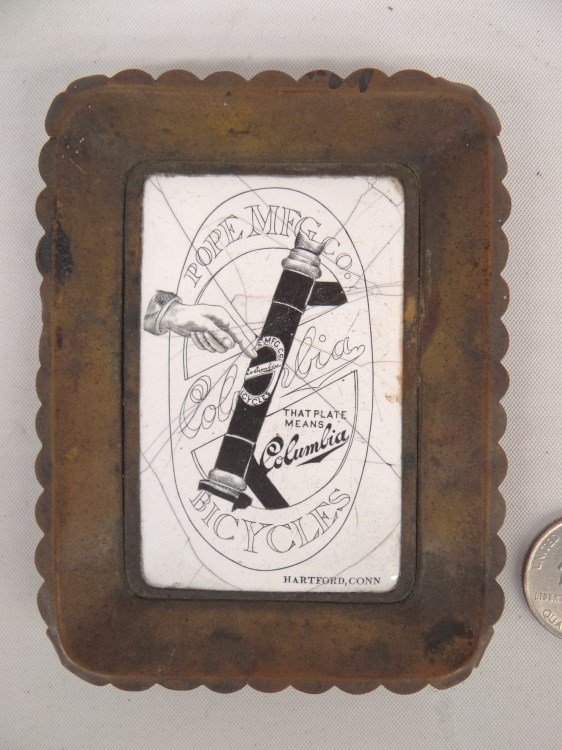 Pope Tip Tray: Pope Mfg. Co. tip tray, brass with enamel work. 4" x 3 1/4". Fair condition.