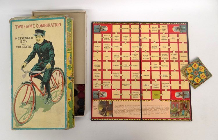 Messenger Boy Game (Milton Bradley): C. 1900's "Two Game Combination Messenger Boy and Checkers game (Milton Bradley, Springfield Mass.), includes gameboard, spinner and wooden game pieces. Fair condition. Provenance Howie Cohen Collecti