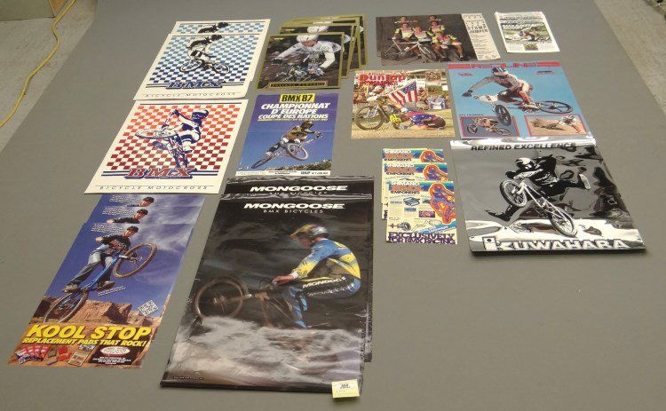 BMX Posters: Lot of (33) various BMX posters. including Mongoose, Redline, GT, Puch Murray, Kuwahara, Alison Dunlop autographed poster, Coupe Des Nations and more. Provenance Howie Cohen Collection Colorado.
