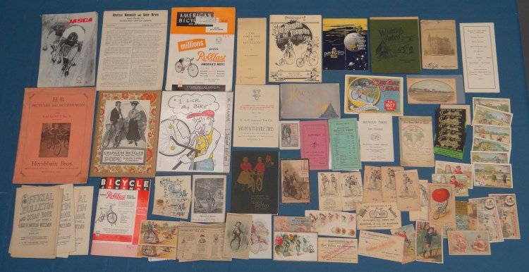 Misc. Bicycle Lot: Misc. bicycle lot including Pope chainless catalog, Morgan & Wright Chicago1894 brochure, Hamden Park trade card, European trade cards, Bicycle Journal magazine, B.S.A. and other English bicycles broc