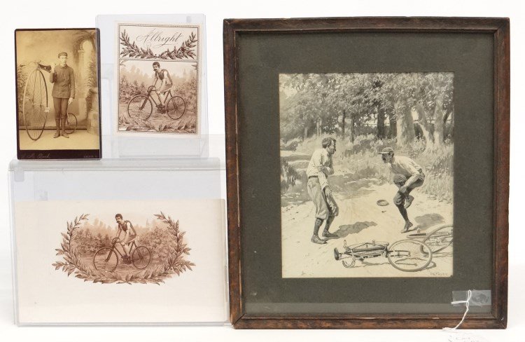 Ephemera Lot: Ephemera lot including: (2) cigar box labels "Albright" 5 5/8" x 4 1/4" and 6: x 10 1/4" larger example, has some edge wear, cabinet card depicting uniformed Wheelman with All-Bright high wheel ordina