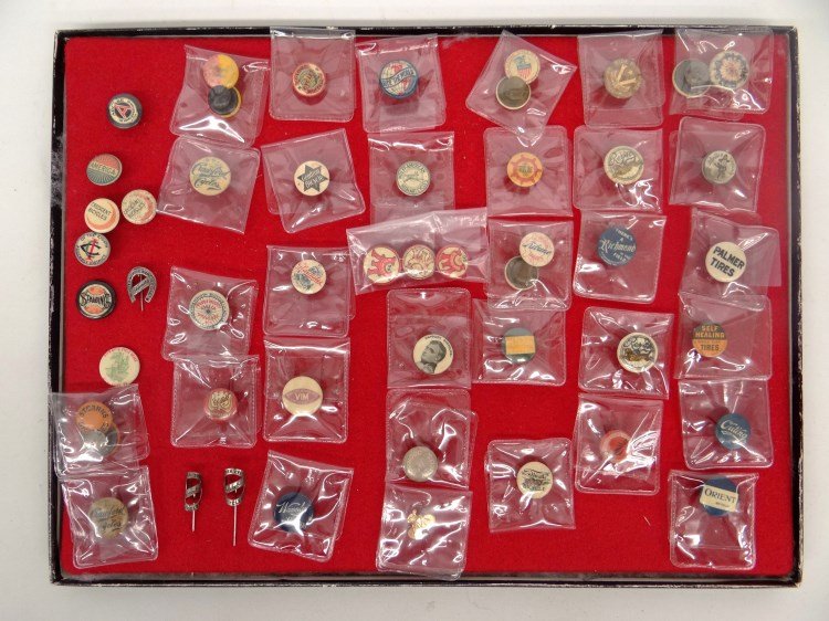 Bicycle Pinbacks: Lot of (50) various bicycle pinbacks including Palmer Tires, Orient, Rambler, Telegram, Puritan Cycles, Royal, Napolean, Thistle, Tribune, Waverly, Halladay, Ride The World, Globe, Crawford, Crescent,