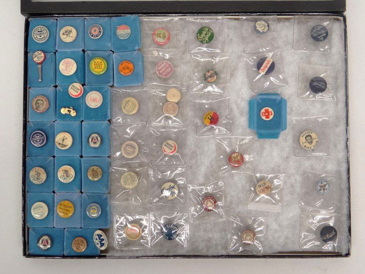 Bicycle Pinbacks: Lot of (50) various bicycle pinbacks including Keating, Halladay, Hoffman, Crawford, Barnes White Flyer, Bellis, Elliot Bros., March, Crescent, The Atherton, Empire etc. Good condition. Case not inclu