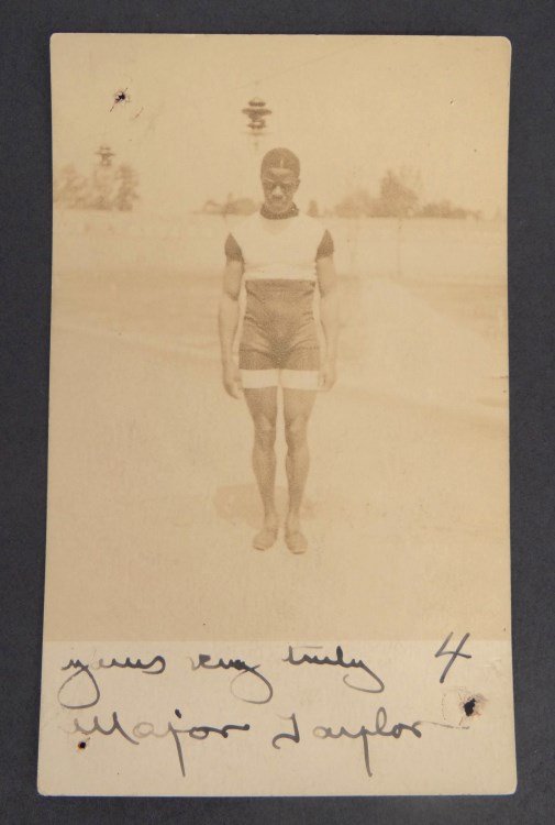 Major Taylor Autographed Postcard: Scarce autographed Major Taylor postcard. Marshall Walter "Major" Taylor (26 November 1878 – 21 June 1932), has tack hole. Provenance Howie Cohen Collection Colorado.