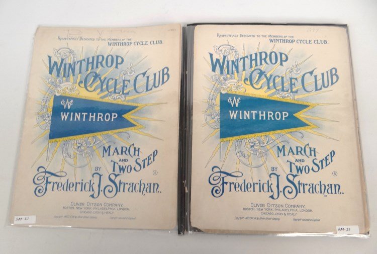 Bicycle Sheet Music: Lot of sheet music including 1890 "To The Harlem Wheelman And The League Of American Wheelmen", 1897 "Winthrop Cycle Club", "1892 New Orleans Bicycle Club...", etc. Fair to good condition. Provenance 