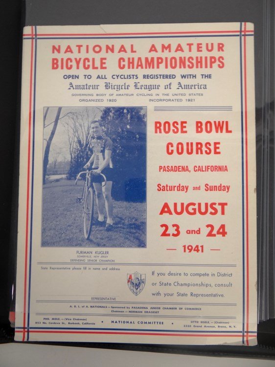 Bicycle Racing Lot: Misc. bicycle racing lot including National Amateur Bicycle Championships 1941 poster, 6 Day Bike Race book, Amateur Bicycle League Of America items etc. Good condition. Provenance Howie Cohen Collect
